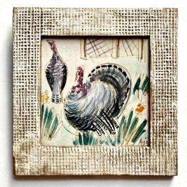 Rare Aldo Ajo Gubbio Pottery Tile Plaque Turkeys in Farmyard 1940s Italy Vintage 