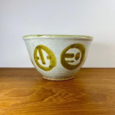 Vintage pottery bowl with decorative symbols / rustic handmade ceramic dish signed "West" / chunky boho art 