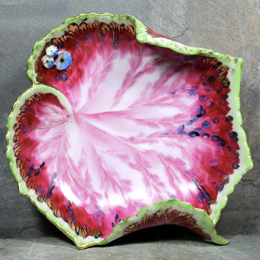 Chubu China Porcelain Trinket Dish - Made In Occupied Japan - Pink &amp; Green Leaf Dish/Ashtray Hand Painted Porcelain - MIOJ | FREE SHIPPING 