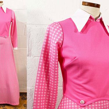 Vintage Pink A-Line Maxi Dress 60s Mod Baby Doll Gingham White Trim Buttons 1960s Mod Twiggy Long Sleeve Women's Medium 