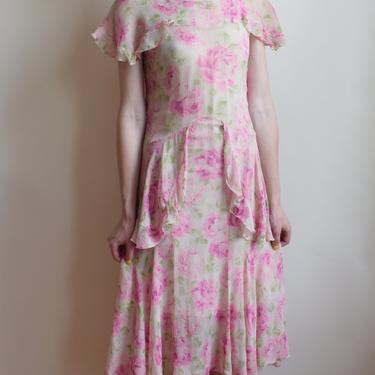 1930s Rose Silk Crepe Dress | Vintage 1930s Floral Print Dress with Capelet and Peplum | XS 
