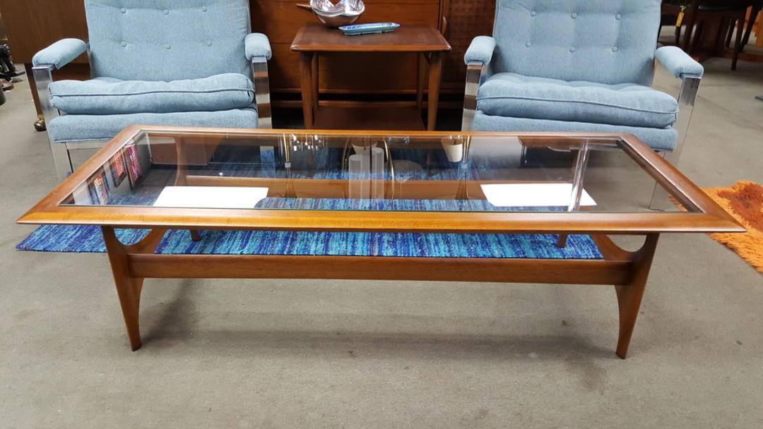 Mid-Century Modern walnut and glass coffee table in the style | Peg Leg ...
