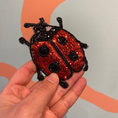 Vintage Patch / Sequin Lady Bug Sew On Decorative Clothing Patch / Red and Black Shiny Insect size 4 1/4 " 