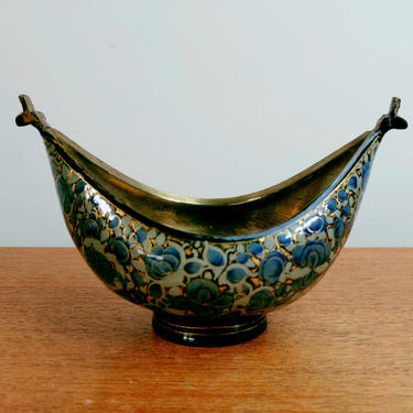 Vintage Kashkul Beggar's Bowl | Persia India | Wandering Dervish | Brass Lacquer Lacquerware | Blue Flowers Gold 