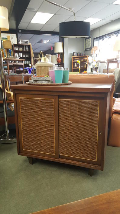 Small Scale Mid Century American Walnut Sliding Door Cabinet With