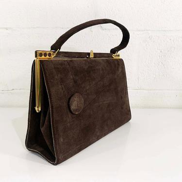 Vintage Brown Suede Handbag Bag Leather 1950s 1960s Purse Satchel Button Mod Mocha Gold Snap Kisslock Structured Evening 