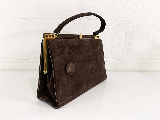 Antique Vintage 1930s To 1950s Brown Suede Leather Deep Evening Purse Day Bag Handbag