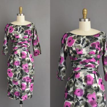vintage 1950s dress | Gorgeous Gray &amp; Purple Floral Print Silk Cocktail Party Wiggle Dress | XS | 50s vintage dress 
