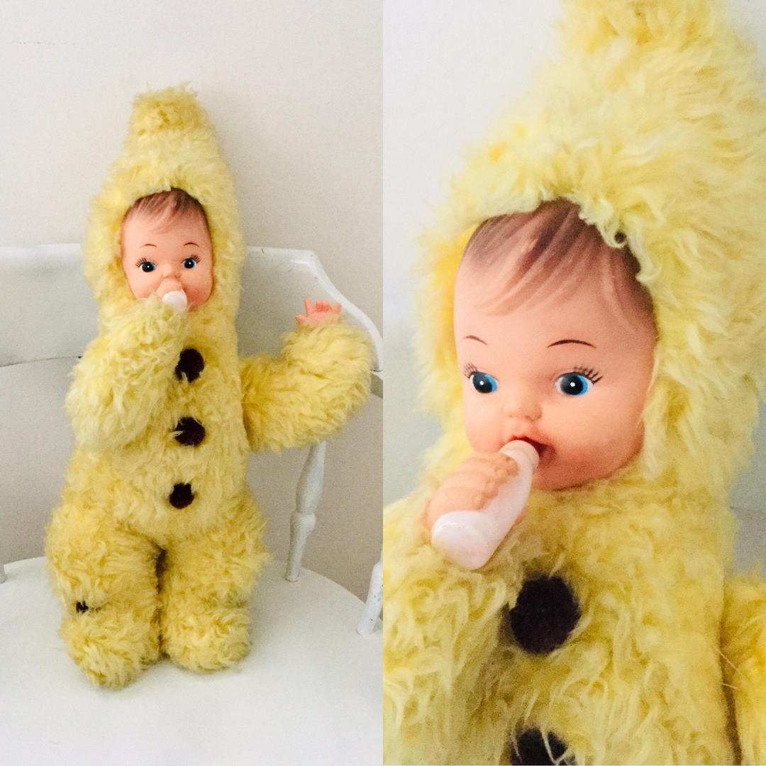 Vintage Rushton Rubber Face Baby Doll in Yellow popular Snow Suit RARE Baby with bottle