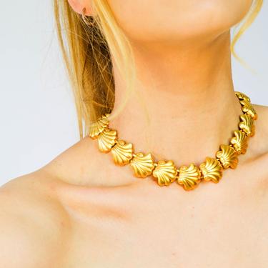 Vintage 80s Anne Klein Signed Gold Shell Chainlink Choker Necklace | Statement Piece, Chunky Layering Necklace | 1980s Designer Jewelry 