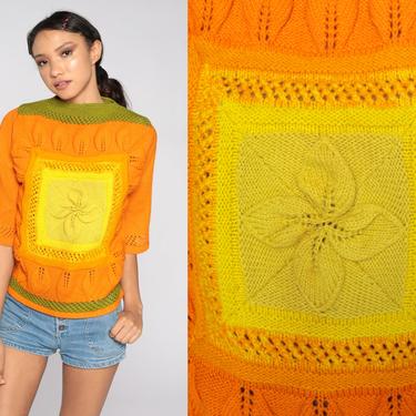 70s Boho Sweater BELL Sleeve Hippie Boho Orange Yellow WOOL Knit 1970s Vintage Bohemian Hippie Festival Color Block Pointelle Bright Medium 