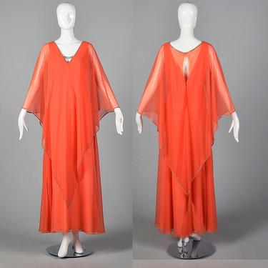 XL Estevez Flowy Maxi Dress Coral Evening Dress Vintage 1970s Formal Gown Kaftan Cape Dress 