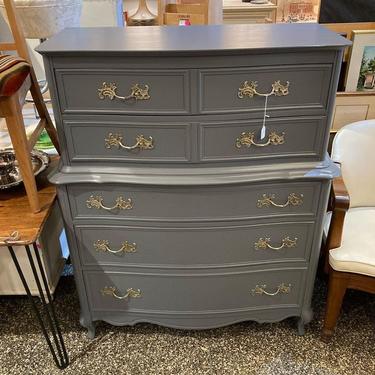 Gray painted French provincial chest of drawers. 41.5” x 19” x 50”