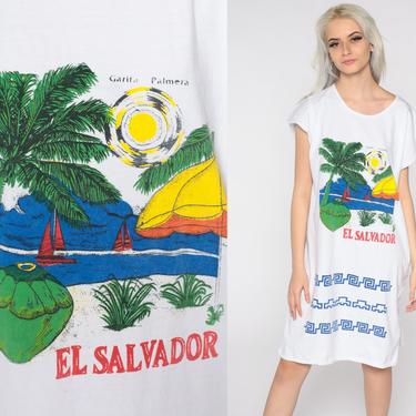 El Salvador Dress Tropical Palm Tree Tshirt Dress Tropical Beach Pajama Dress Nightie 80s Graphic Mini Central America Medium Large 