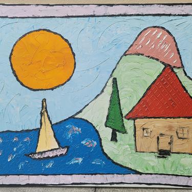 Postmodern-Influenced Outsider Art
Pop Art Lake Tahoe Lakescape in Oil on Canvas Painting