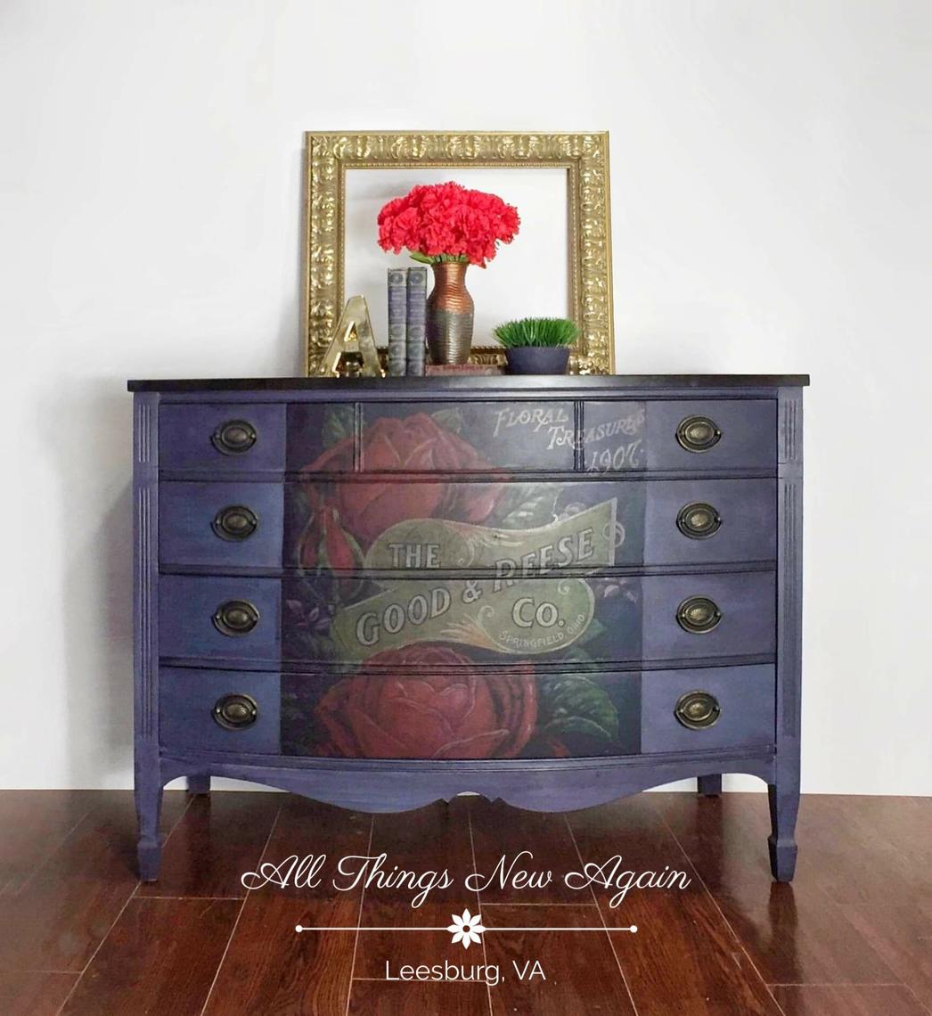 Navy Blue Dresser W Red Floral Transfer Navy Blue Buffet Navy Blue Sideboard Vintage Bedroom Furniture Vintage Dixie Dresser By