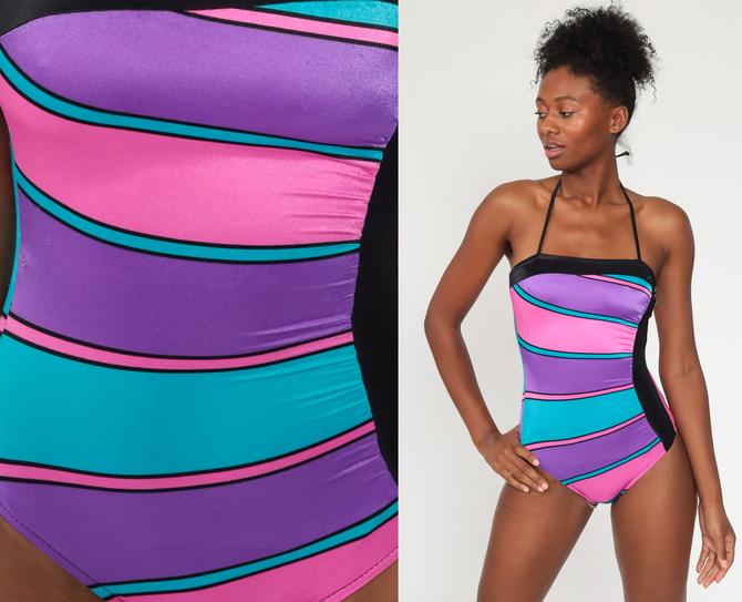 70s One Piece Swimsuit Neon Striped Halter Neck Bathing Suit Color Block One Piece Swim Suit Purple Hot Pink Vintage 80s Extra Small Xs S By Shopexile From Shop Exile Of