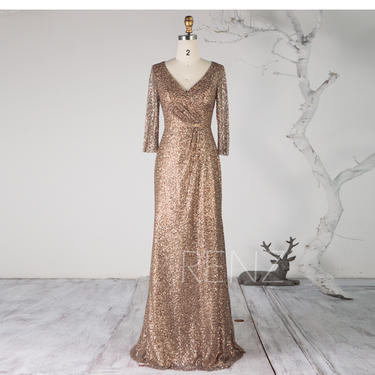 green emerald velvet dress Safiya Long Sleeve Plunge Neck Metallic Jersey Evening Gown in Copper Bronze
