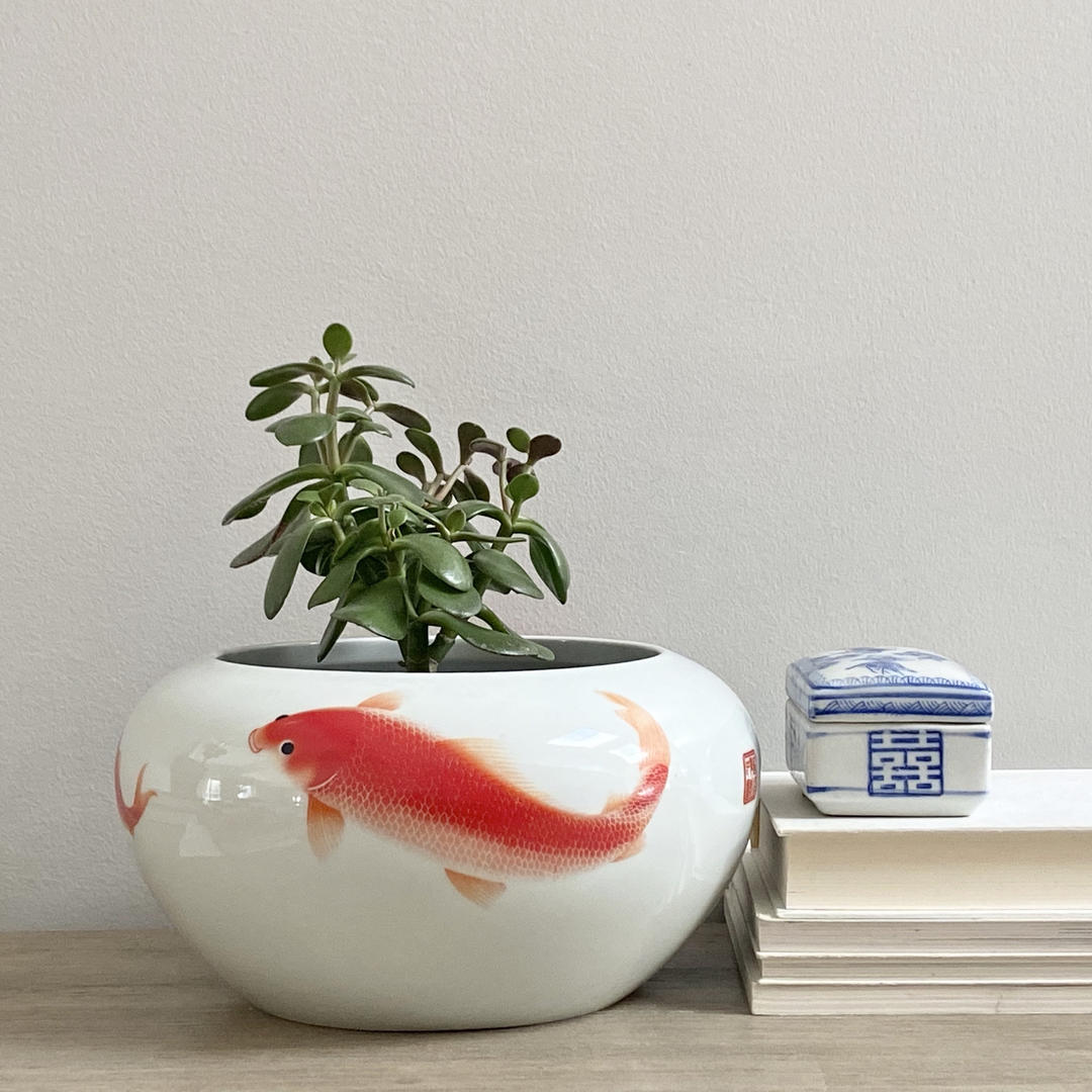 Porcelain Koi Fish Vase Planter Chinoiserie Asian Decor Mod Rendition