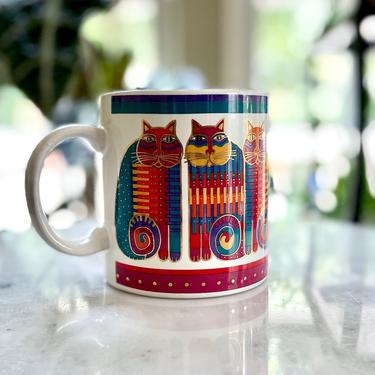 Vintage Laurel Burch Mug, Rainbow Cat Cousins - 1988, White Teal Fuschia Gold Red Orange Purple, Collectible 