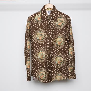 vintage 1960s 70s silky brown PSYCHEDELIC San Francisco free love HARP nymph button down men's shirt -- size large 