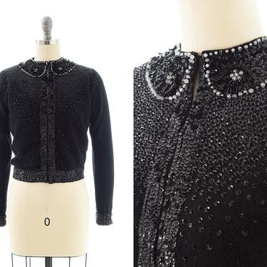 Vintage 1950s Cardigan | 50s Beaded Sequin Black Knit Wool Cropped Sparkly Trompe L'oeil Peter Pan Collar Sweater Top (small) 