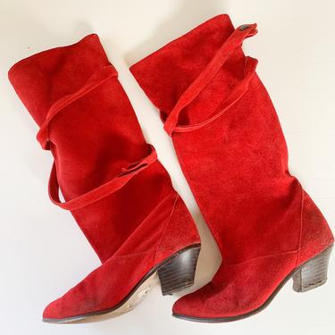Vintage 1980s Red Suede Knee High Boots / 6.5M 