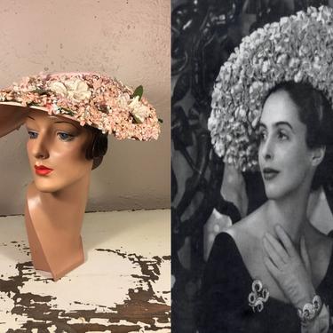 vintage 1950s cream platter hat flocked swiss dot 50s saucer crochet wide brim 1950s platter hat, wide brim, cream floral, vintage | Black  main image 3