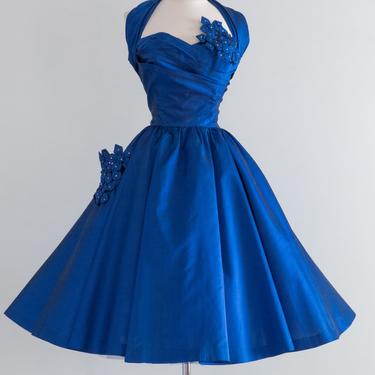 1950's Sapphire Blue Silk Party Dress With Rhinestones / Waist 27