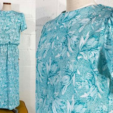 Vintage Green Floral Dress Lady Carol 1970s 70s Short Petal Sleeve Boho Fit &amp; Flare White Deadstock NOS 1980s 80s Medium Large 