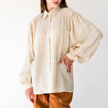 Vintage 80s Escada Cream Silk Pinstriped Blouse w/ Billowy Poof Sleeves &amp; Side Buttoned Pockets | Made in West Germany | 1980s Designer Top 