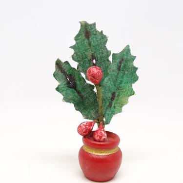 Antique Small 1940's Holly Christmas Tree, with Berries, Vintage Retro Doll House Decor 