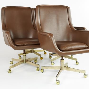 Ward Bennett Mid Century Executive Highback Brass and Leather Office Chairs - Set of 4 - Pair - mcm 