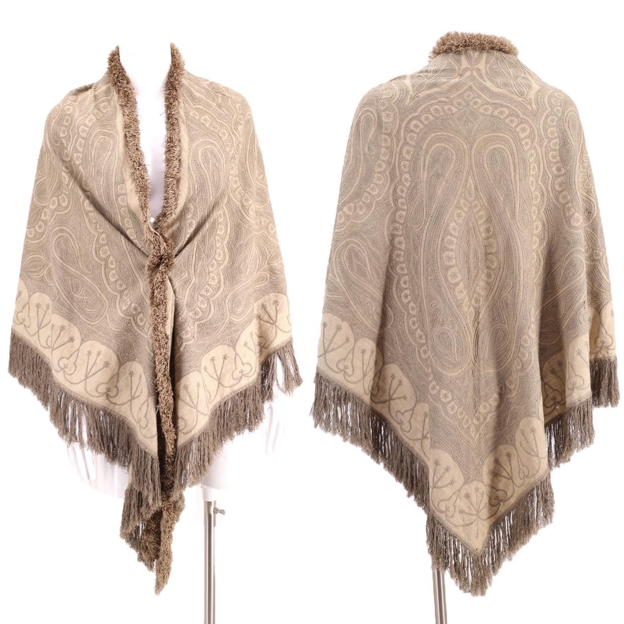 Victorian hand embroidered paisley fringe shawl / vintage 1800s