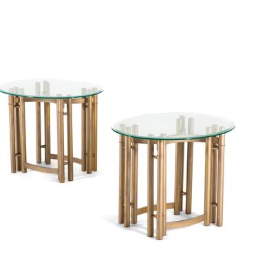 Tubular Brass Powder Coated Hollywood Regency End Tables with Glass Tops, A Set of Two (2) 