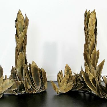 French Art Deco Torch Cut Brass Leaf Motif Pair of Table Sculptures 