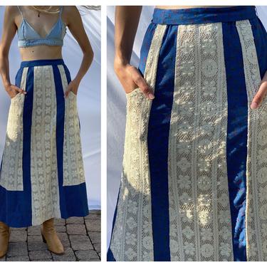 1960s Lace Maxi Skirt / Blue Liberty Calico Printed Lace Maxi Patchwork Skirt with Pockets / Long Haute Hippie Skirt 