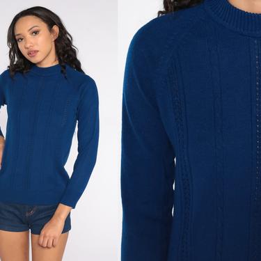 Navy Cable Knit Sweater Boho Knit 70s Bohemian Mock Neck Sweater Cutout Sweater Vintage Pullover Knit Cozy Retro Sweater Small S 