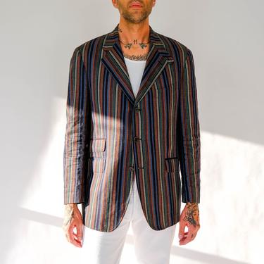 ETRO MILANO Italian Surape Stripe Linen & Cotton Three Button Blazer w/ Convertible Mandarin Collar | Made in Italy | Y2K Designer Jacket 