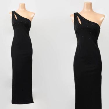 VINTAGE 90s Black Jersey Cold Shoulder Cocktail Prom Dress | 1990s Sexy Formal Gown | 90's Party Dress | Gothic Chic Long Dress | Niki Livas 