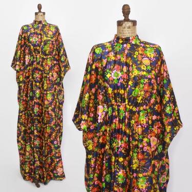 Vintage 60s Psychedelic CAFTAN / 1960s Bright Floral Silky Maxi