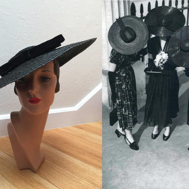 1930s/1940s wide brimmed black straw and velvet hat Lola Lanyi 1940s Straw & Black Velvet Hat – Featherstone Vintage main image 4