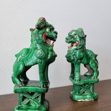 Qing Dynasty Antique Chinese Glazed Ceramic Foo Dog Lions Incense Holder Pair 