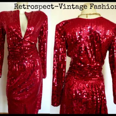80's vintage red sequin dress /  ruby red sequin & beaded great gatsby flapper dress //  vintage cocktail party dress size m 10 