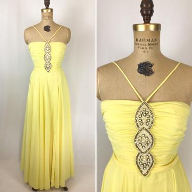 Vintage 70s dress | Vintage yellow chiffon embellished evening dress | 1970s Lilli Diamond cocktail party dress 