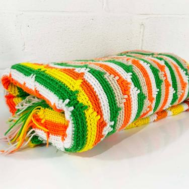 Vintage Rainbow Blanket Retro Throw Crochet Afghan 70s 1970s Diamond Green Yellow Ivory White Brown Handmade Kitschy Granny Grannycore 