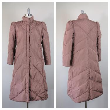 Vintage 1980s down puffer jacket, women's, maxi length, mauve, Fleet Street, size large 