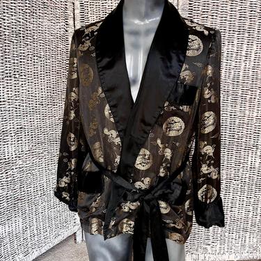 Vintage 50s 60s Mens Silky Robe Smoking Jacket, Shawl Collar, Brocade, Hefner Hef 