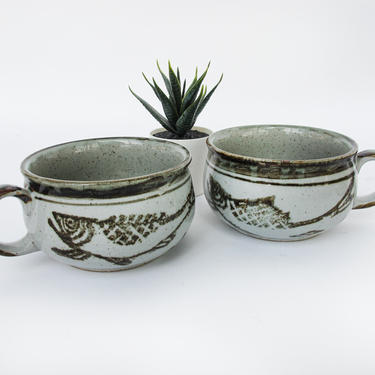 Set of 2 Vintage Hand Spun Large Ceramic Mugs with Painted Fish and Detailing 