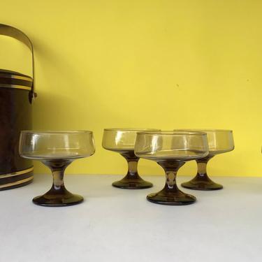 Mid Century Modern Amber Smoke Glass Champage and Cocktail Glasses -- Set of 5 